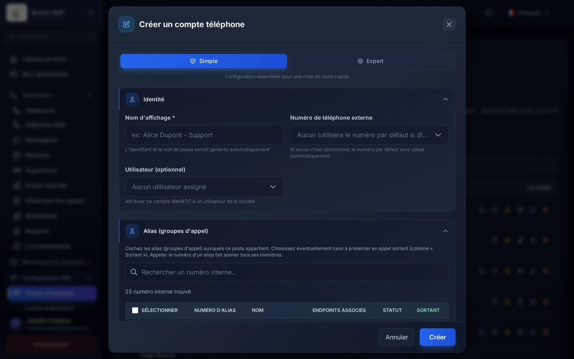 La fenêtre de création, en mode Simple, avec l'identité et les alias.
