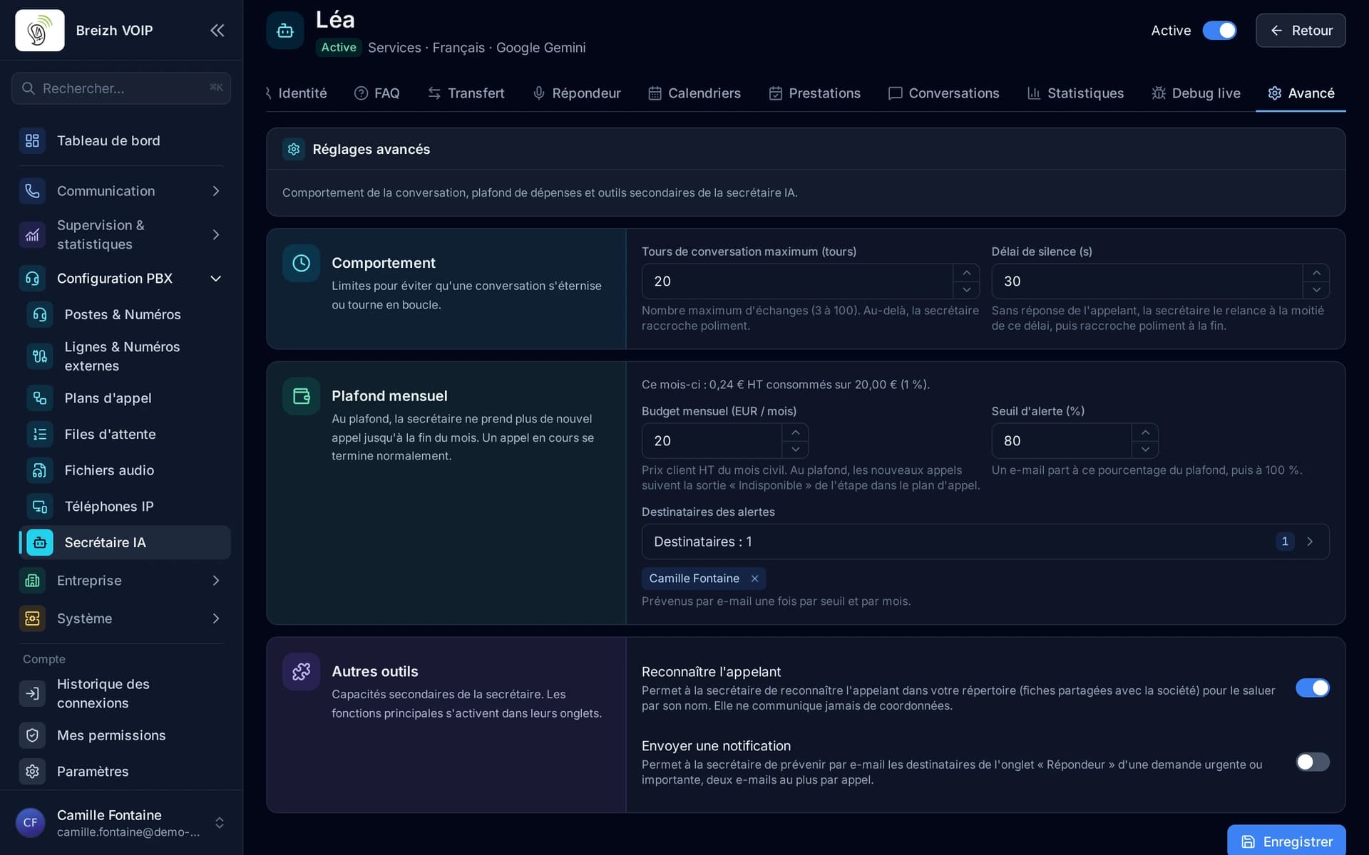 Le plafond mensuel : la consommation du mois, le budget, le seuil d'alerte et les personnes prévenues.