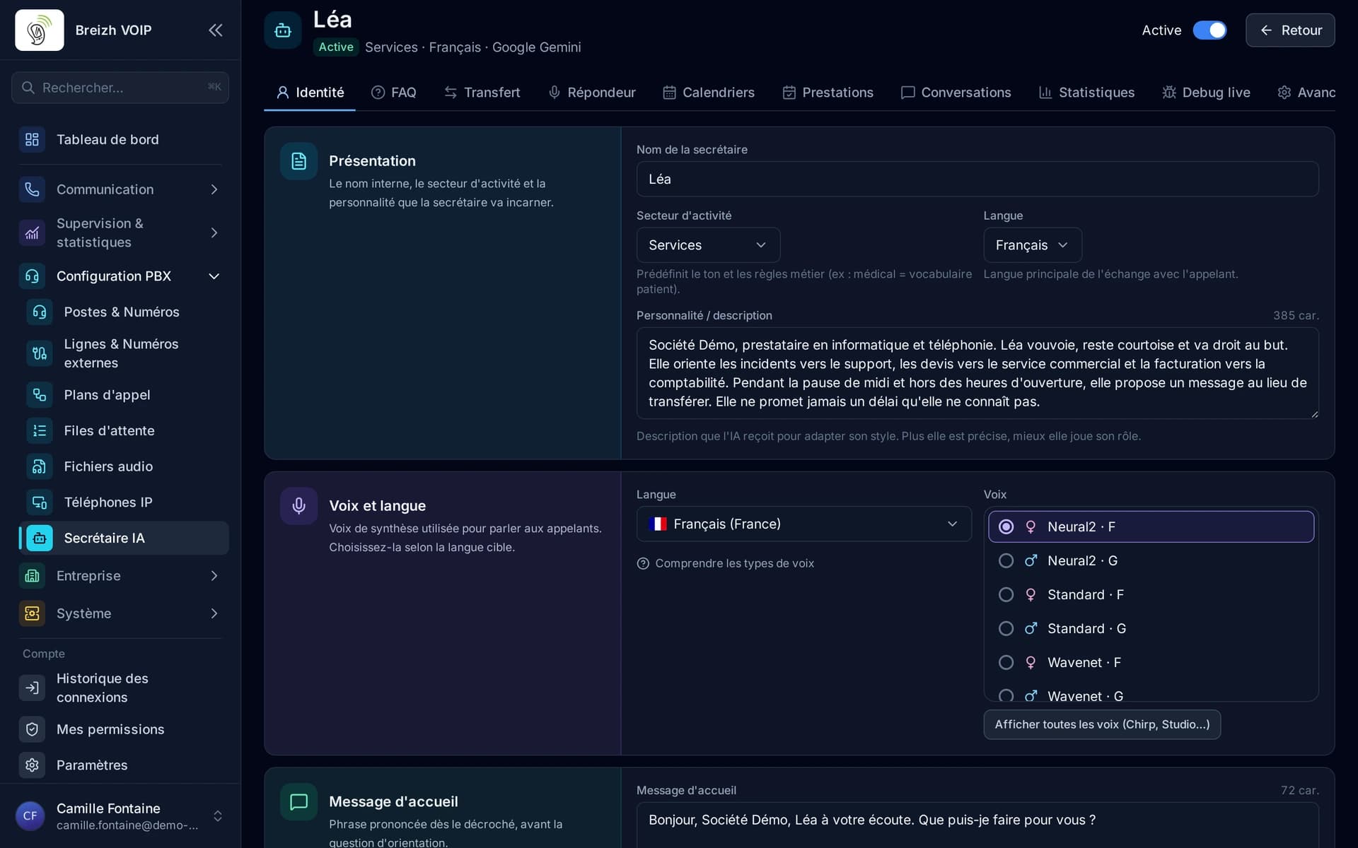 L'onglet Identité : la présentation de la secrétaire, puis sa voix et son message d'accueil.