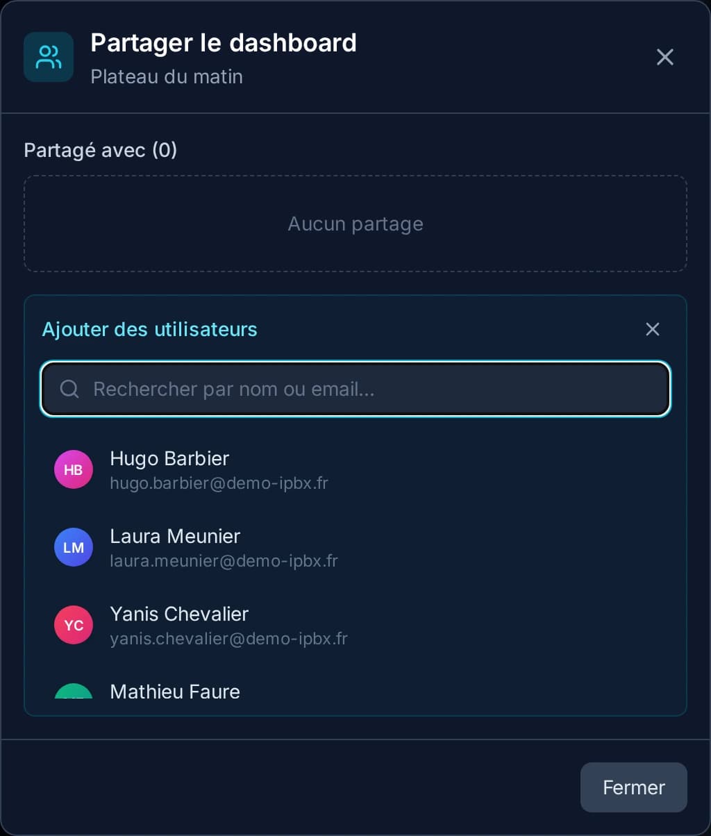 Le partage d'un tableau : on cherche un collègue par son nom, on l'ajoute, il le voit dès sa prochaine visite.