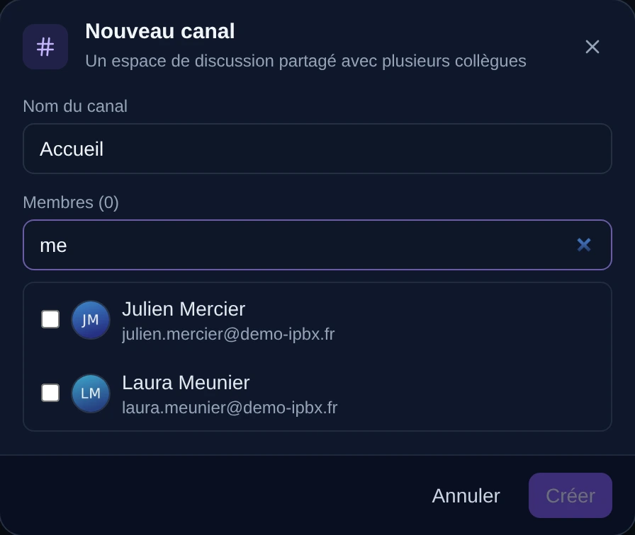 La création d'un canal : un nom, puis les personnes qu'on y met.