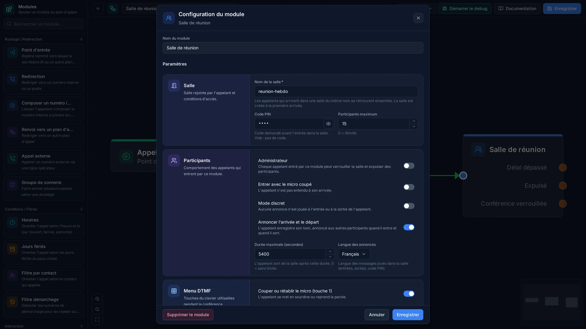 La configuration d'une salle : son nom, les options des participants, la limite et les commandes au clavier.