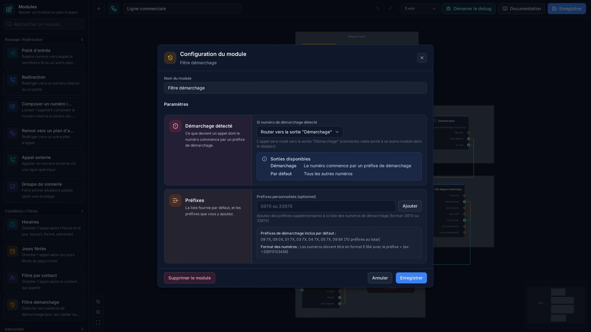 La configuration du filtre : le comportement en cas de détection, et les préfixes ajoutés aux soixante-dix connus.