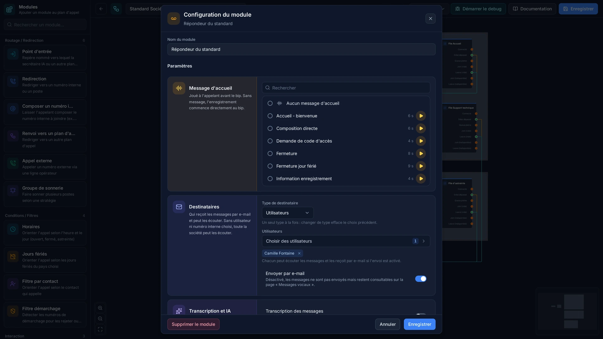 La configuration d'un répondeur : l'annonce jouée avant le bip, les destinataires, et l'envoi par email.